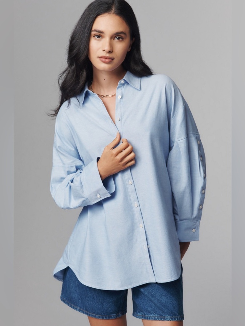 NWT Maeve Anthropologie Oversized Cotton Button Down Shirt Boyfriend Blue Small